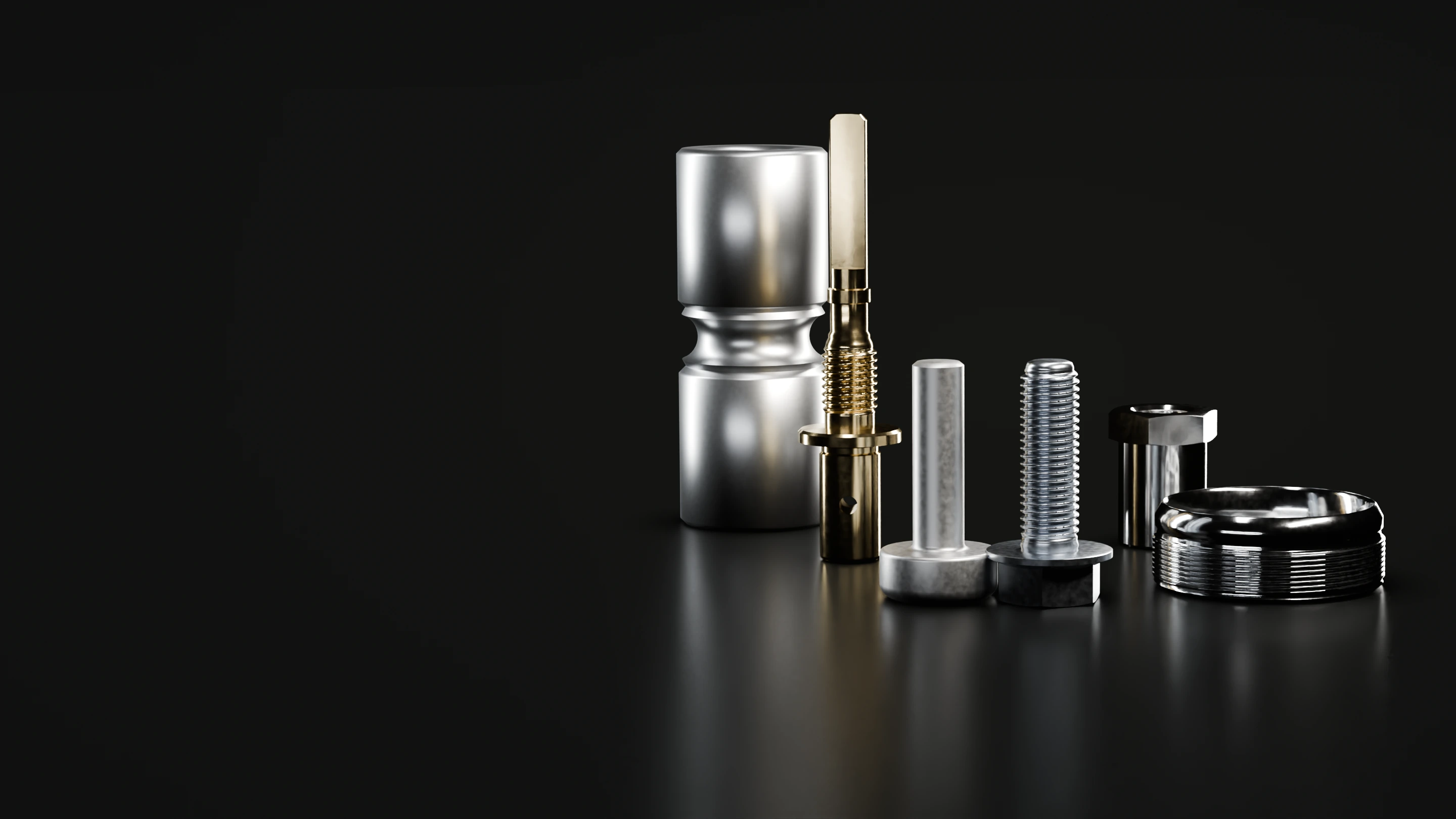 PrecisionForm parts: a breakaway coupler, a brass fitting, a cold headed blank beside the finished hex washer-head bolt, a hex fitting and a threaded aluminum ring